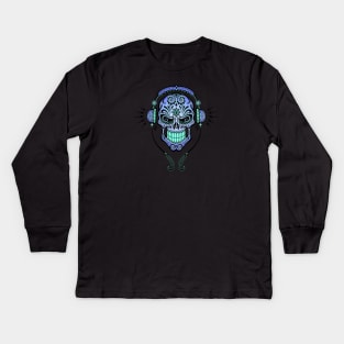 Blue DJ Sugar Skull Kids Long Sleeve T-Shirt